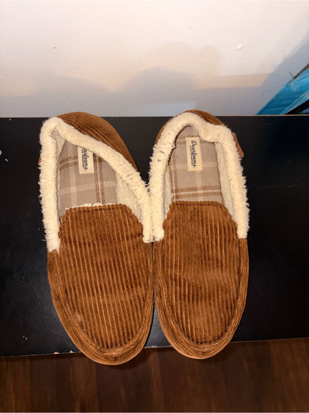 dearfoams Brown Corduroy Slip-On Moccasin Slippers with Cream Sherpa Lining
